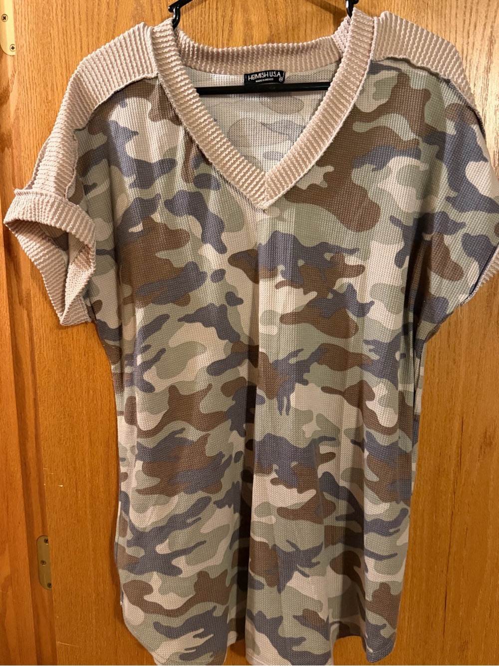 HEIMISH USA Tan and Green Camo V-Neck Knit Tunic